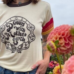 Lunar Babes - "Down With Mother Earth" Crew Neck Contrast Sleeve Ringer Tee